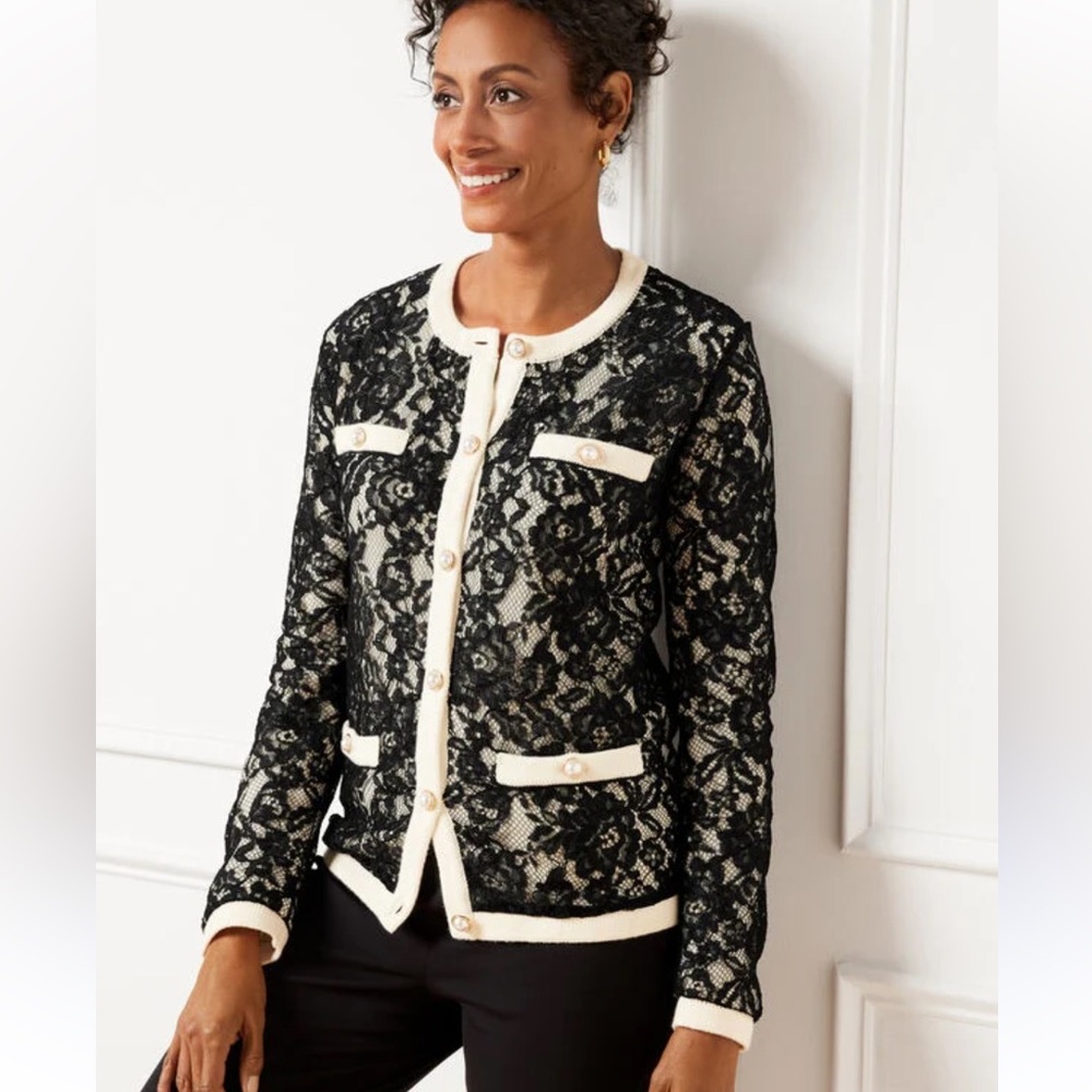 NWT Talbots Womans Size Small Floral Lace Cardigan Black and White